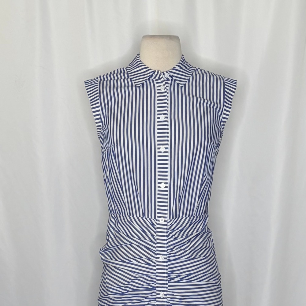 VERONICA BEARD Bell Bottom Ruched Seersucker Shirt Dress Shirtdress Preppy 0 - Picture 4 of 16